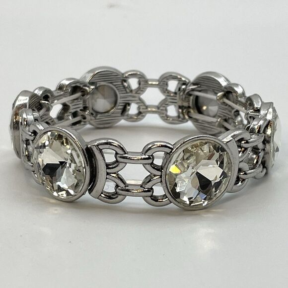 Silver Tone White Round Cut Glass Rhinestone Stretch Bracelet Boho Bold Fashion - Picture 2 of 6